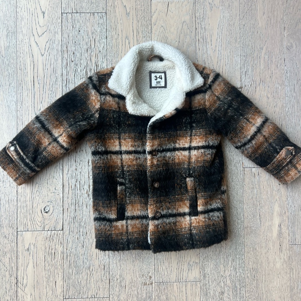 Cozy Plaid Cotton On Kids Pea Coat with Sherpa Collar size 3-4